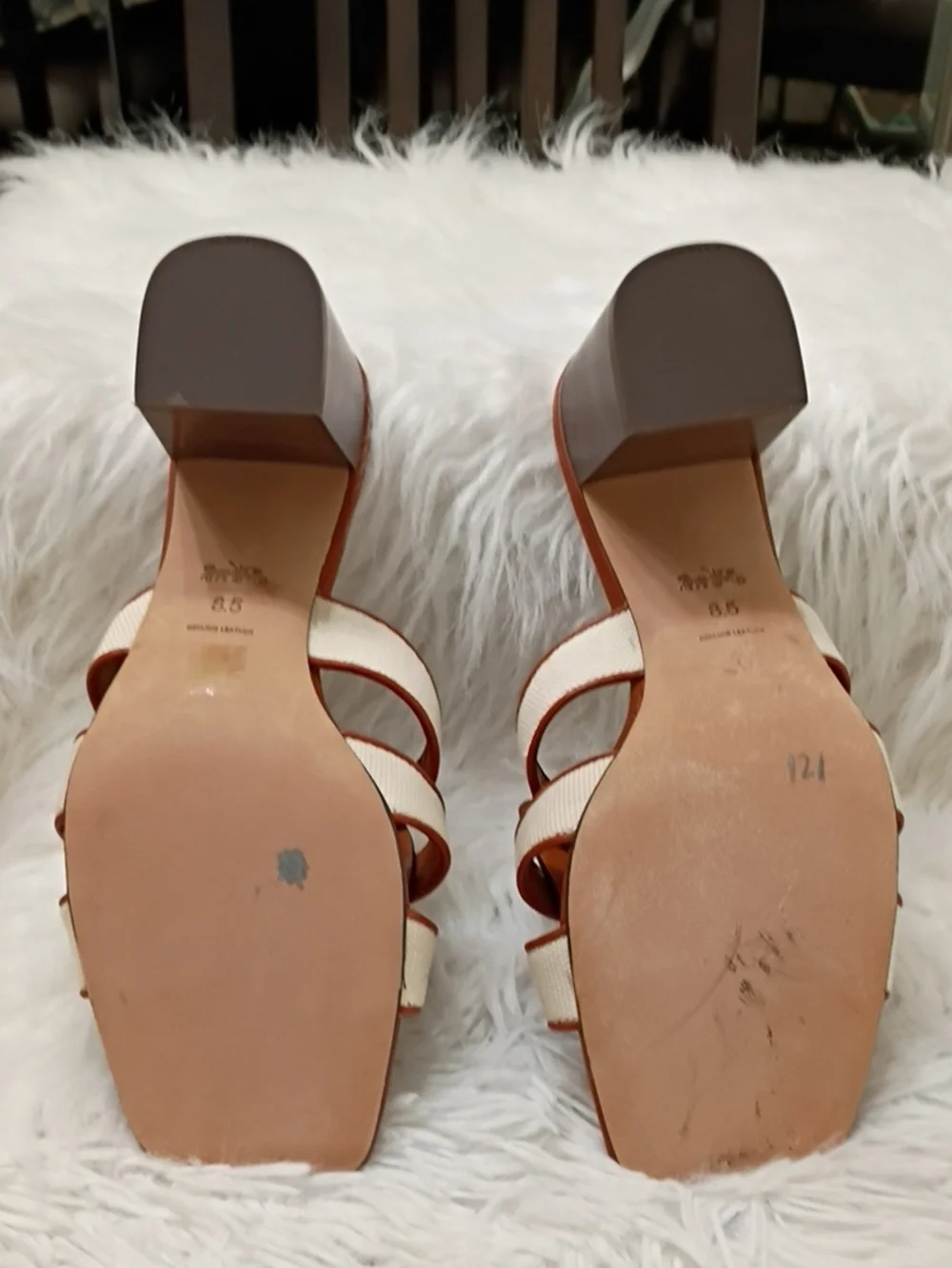 Coach Brown & Cream Braided Leather Block Heel Mule Size 8.5